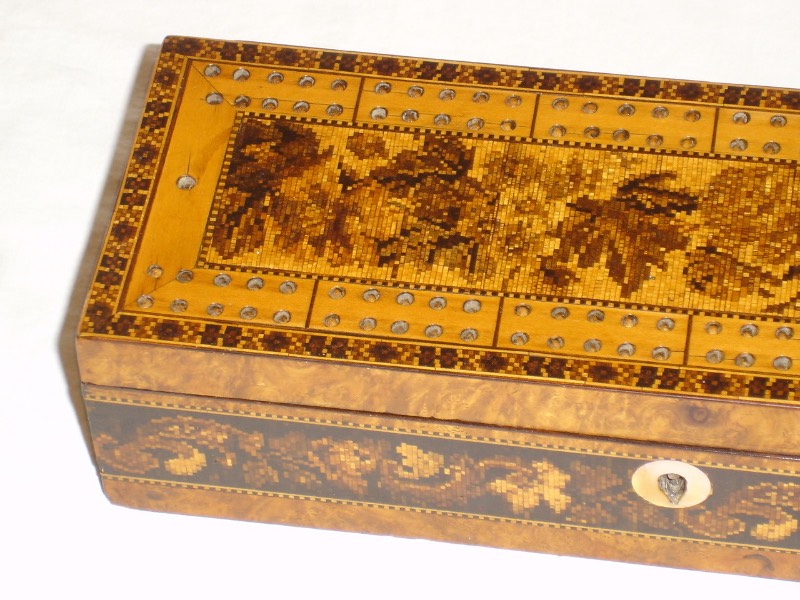 Circa 1845 Tunbridgeware Cribbage Board retailed by 