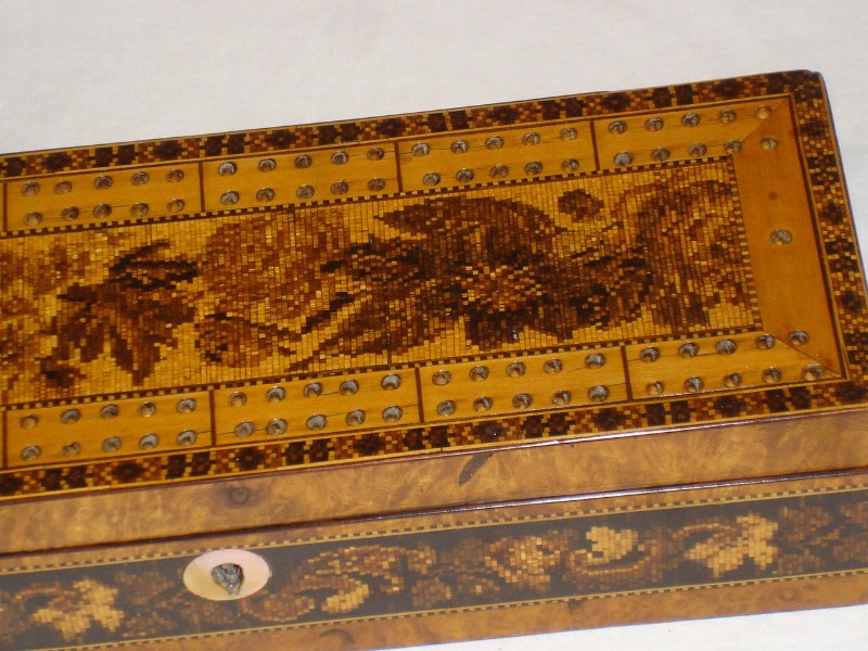 Circa 1845 Tunbridgeware Cribbage Board retailed by 